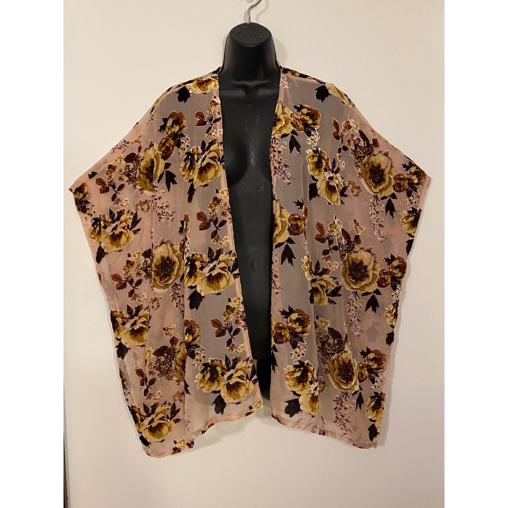 rue21 Womens Floral Burnout Velvet Kimono Sheer Pink Gold Boho Cardigan SM